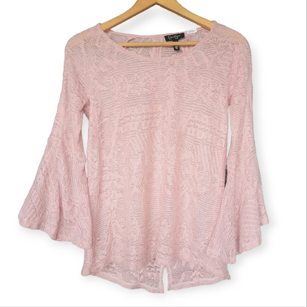 Flare Sleeves Crochet Sweater Fairycore Y2K Style Light Pink Small
